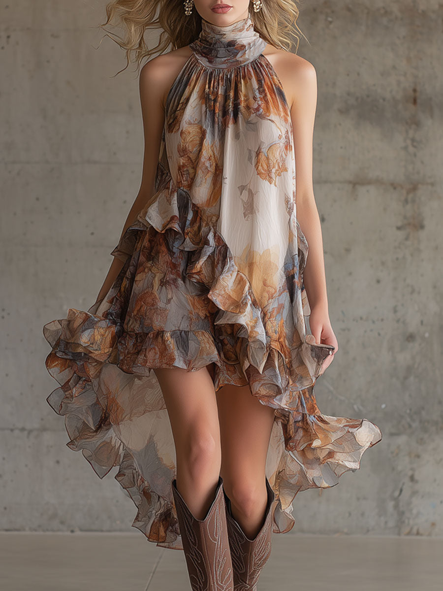 Fashionable Retro Printed Orange Chiffon Ruffle Halter Neck Sleeveless Midi Dress