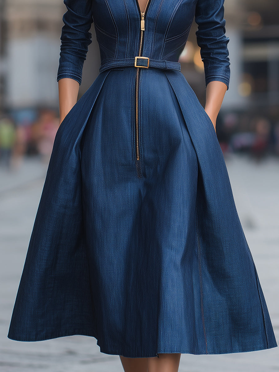 Elegant Zippered Belted Denim Midi Dress