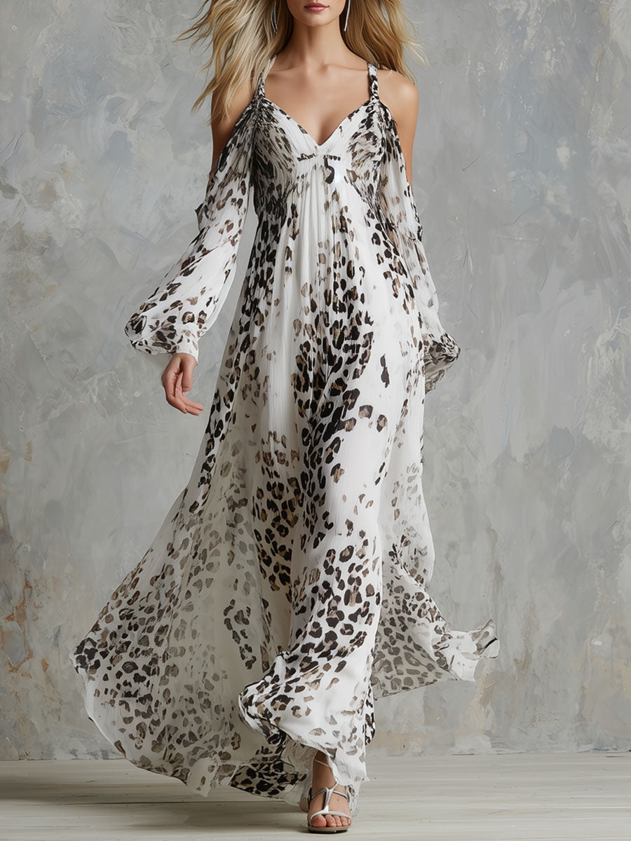 V-neck Off-the-shoulder Leopard Print Chiffon Long-sleeved Maxi Dress