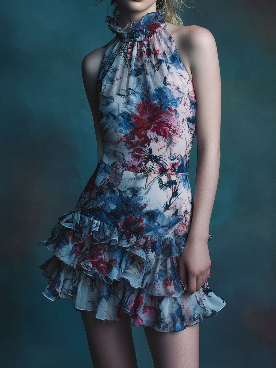 High Neck Abstract Floral Halter Mini Dress With Ruffled Layered Hem