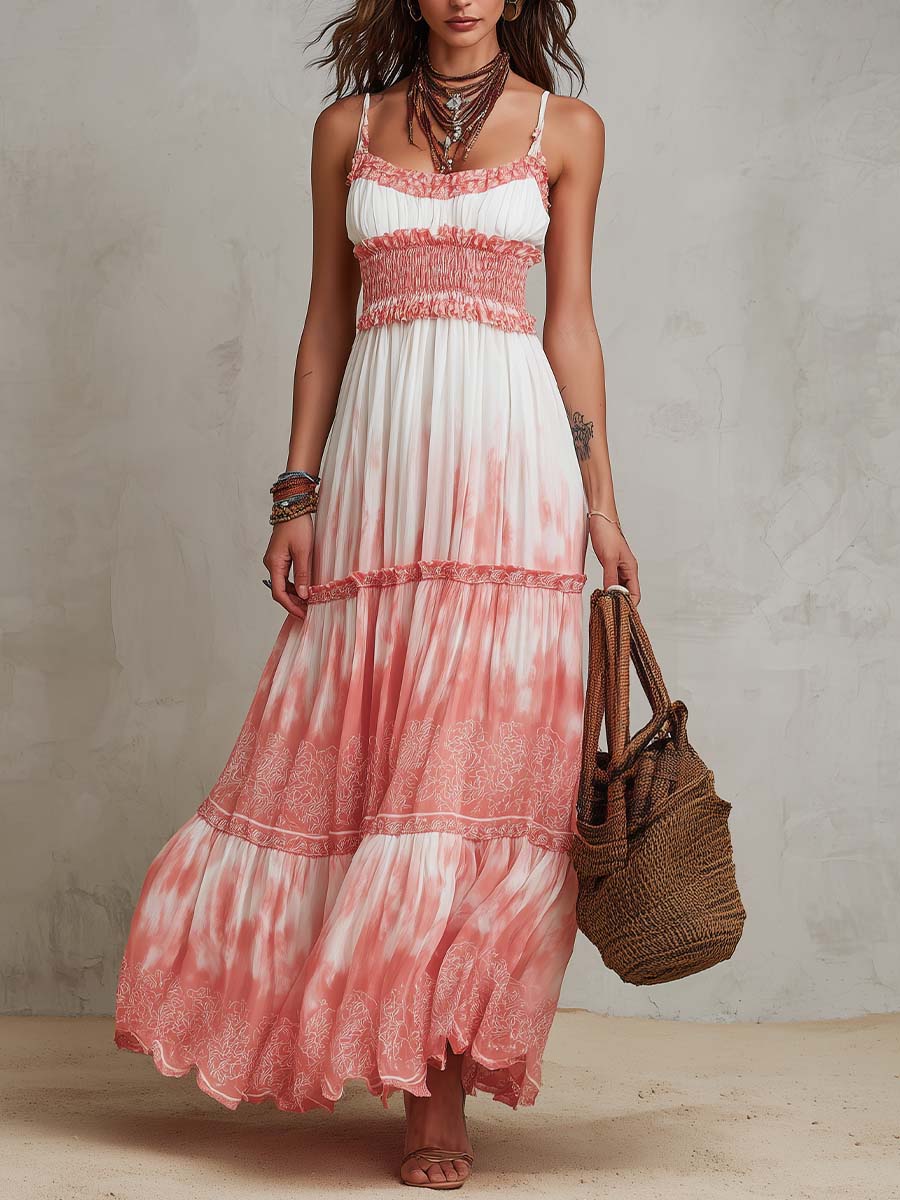 Bohemian Ombr¨¦ Print Smocked Maxi Dress