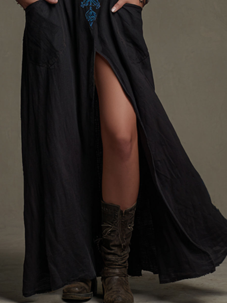 Western-style Retro Embroidered Black Sleeveless Hooded Cotton-linen Maxi Dress