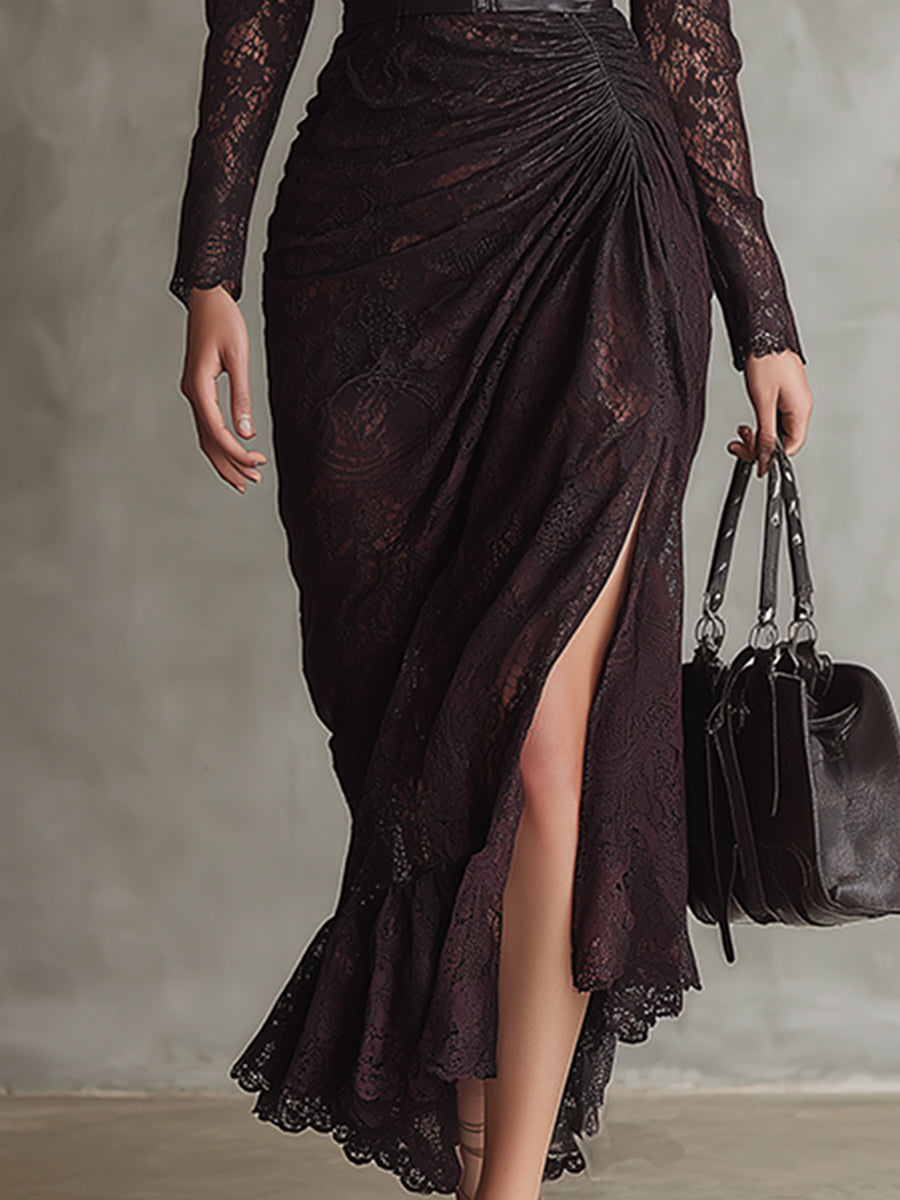 Retro High-end Brown-red Imitation Leather Stitching Lace Long-sleeved Maxi Dress