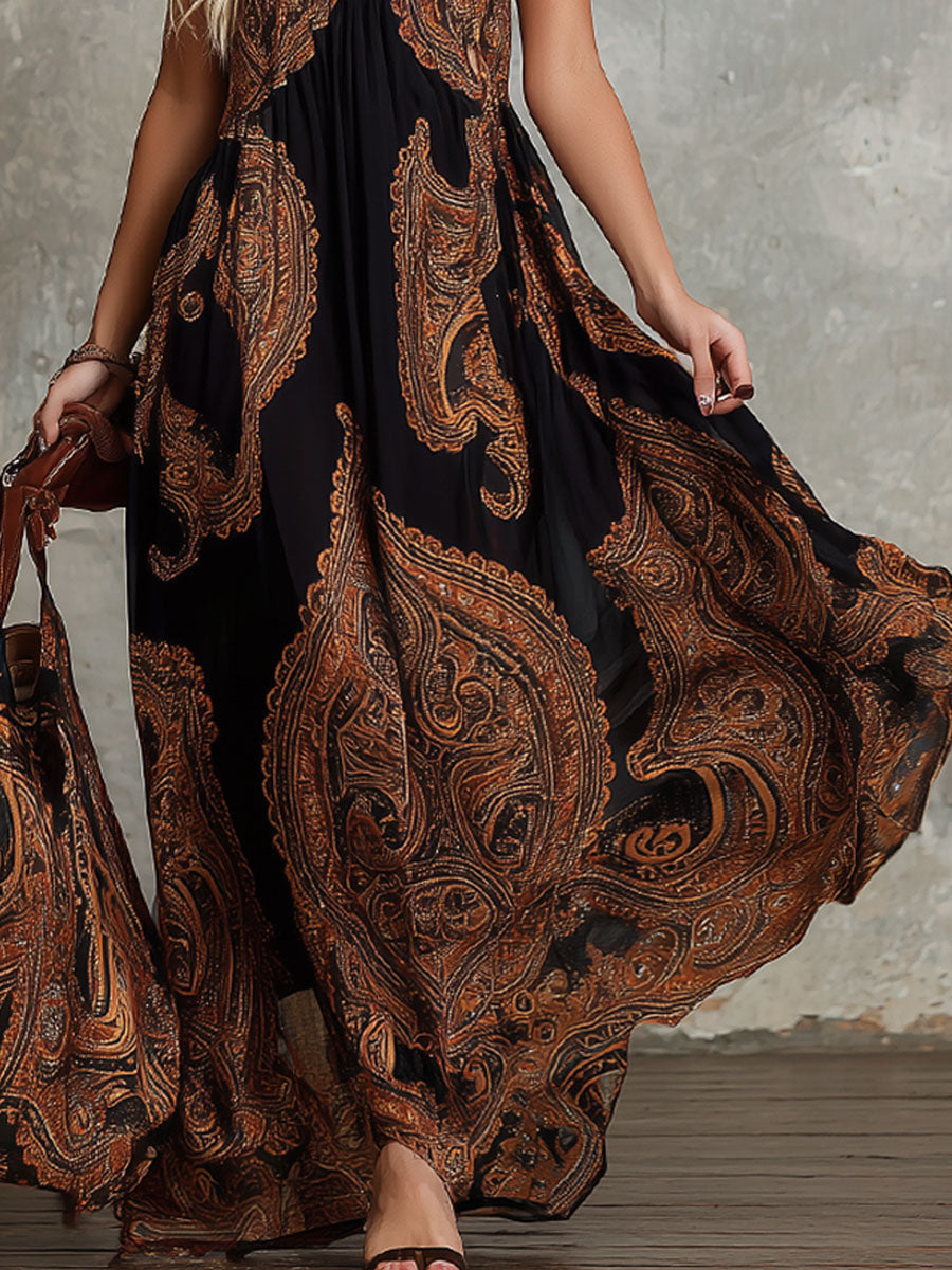 V-neck Paisley Print Chiffon Sleeveless Maxi Dress