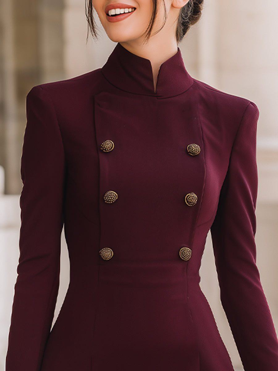 Vintage Stand Collar Double-Breasted Waist-Cinched A-Line Dress