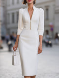 White Zip-Front Puff Sleeve Midi Sheath Dress