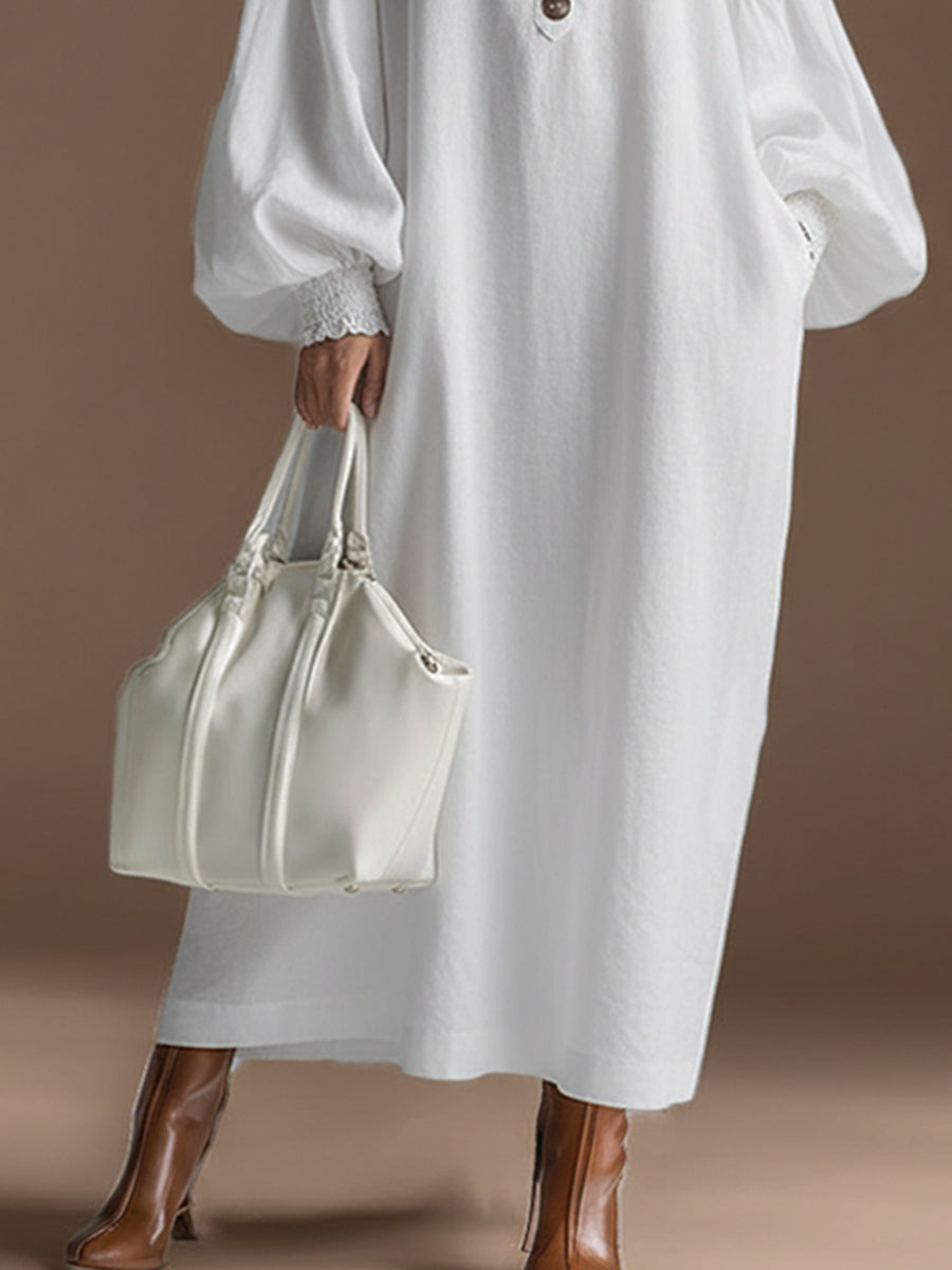Elegant Urban Silhouette Lace Trim White Cotton And Linen Long-sleeved Maxi Dress