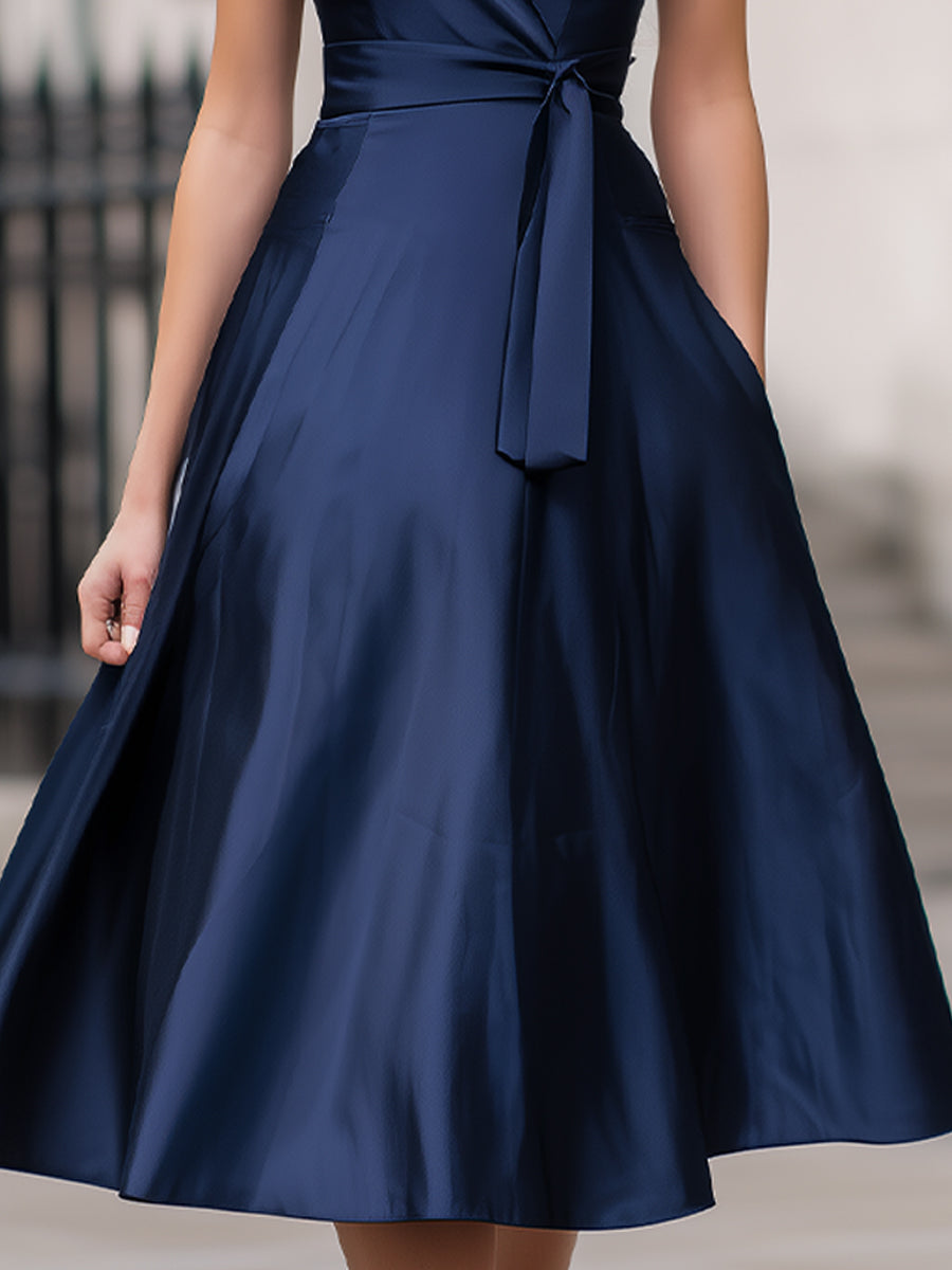 Navy Satin Wrap Midi Dress ¨C Timeless Elegance With A Flattering Silhouette