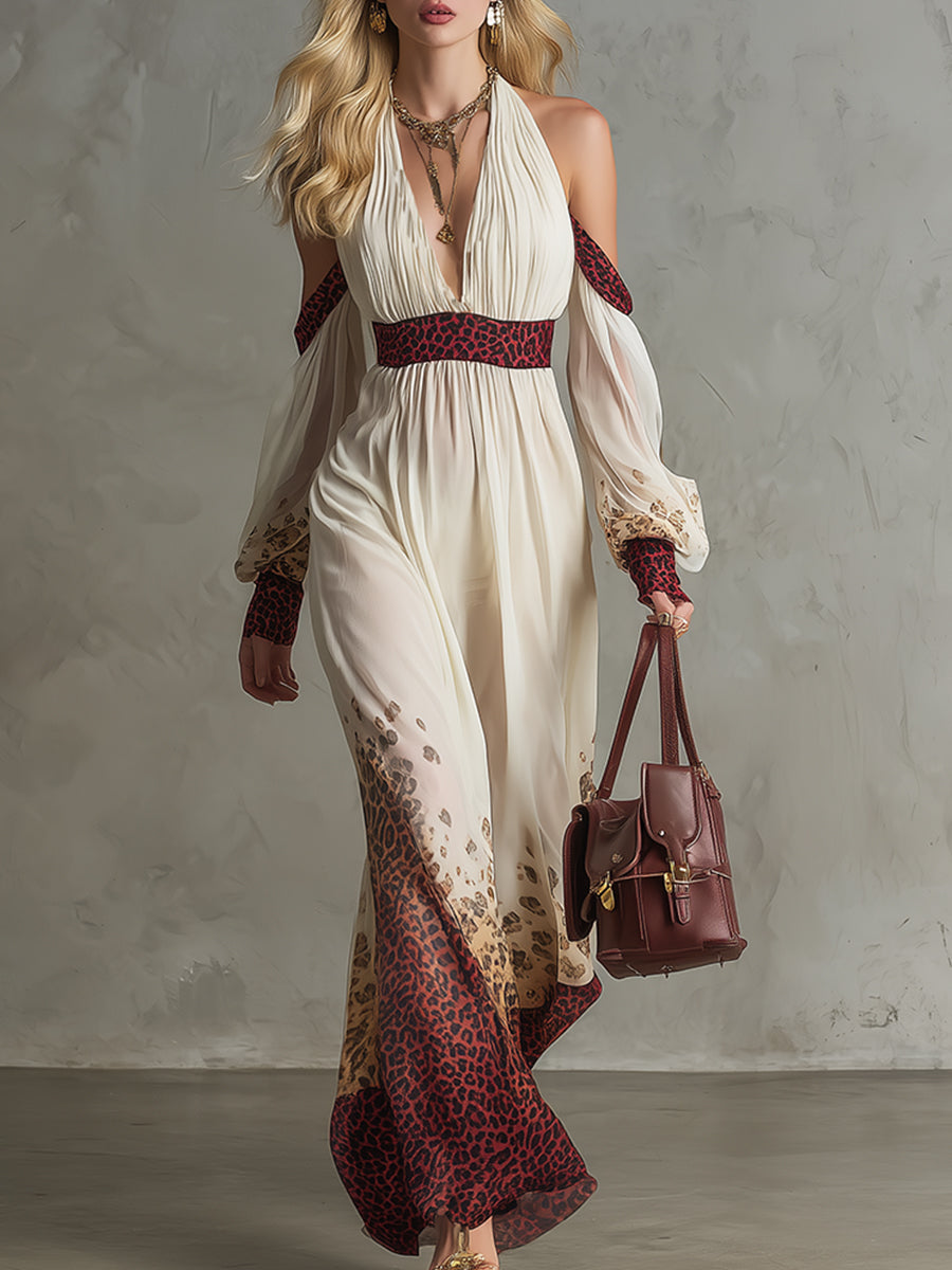 Elegant Vacation-style Printed Off-white Chiffon Off-the-shoulder Long-sleeved Maxi Dress