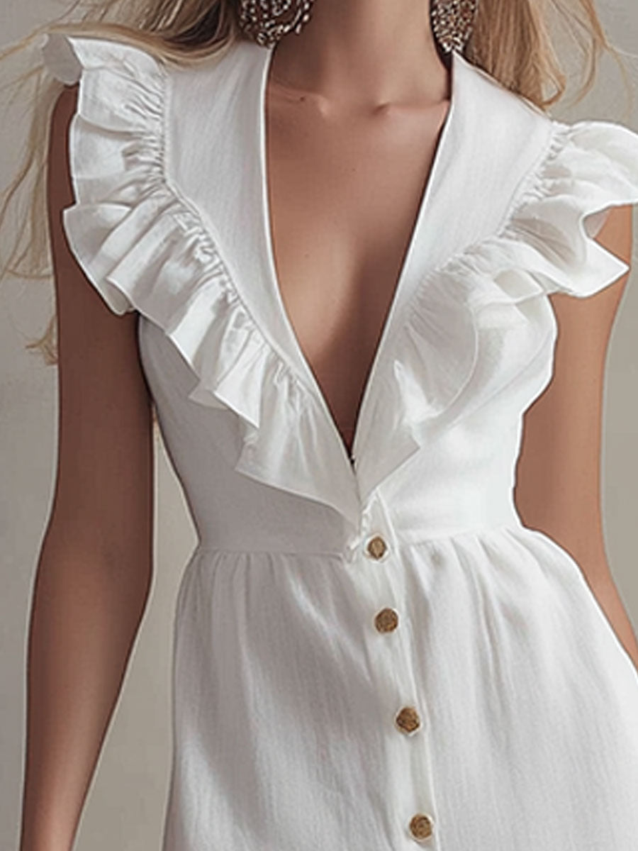 Stylish And Elegant White Sleeveless V-neck Ruffled Button Cotton Linen Maxi Dress