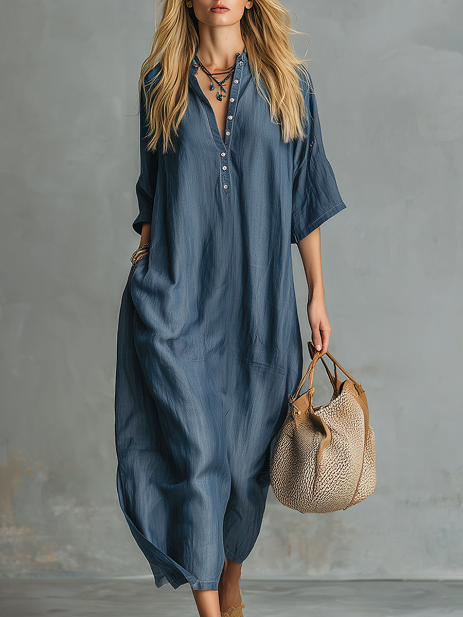 Retro Blue Tencel Denim Short-sleeved Maxi Dress