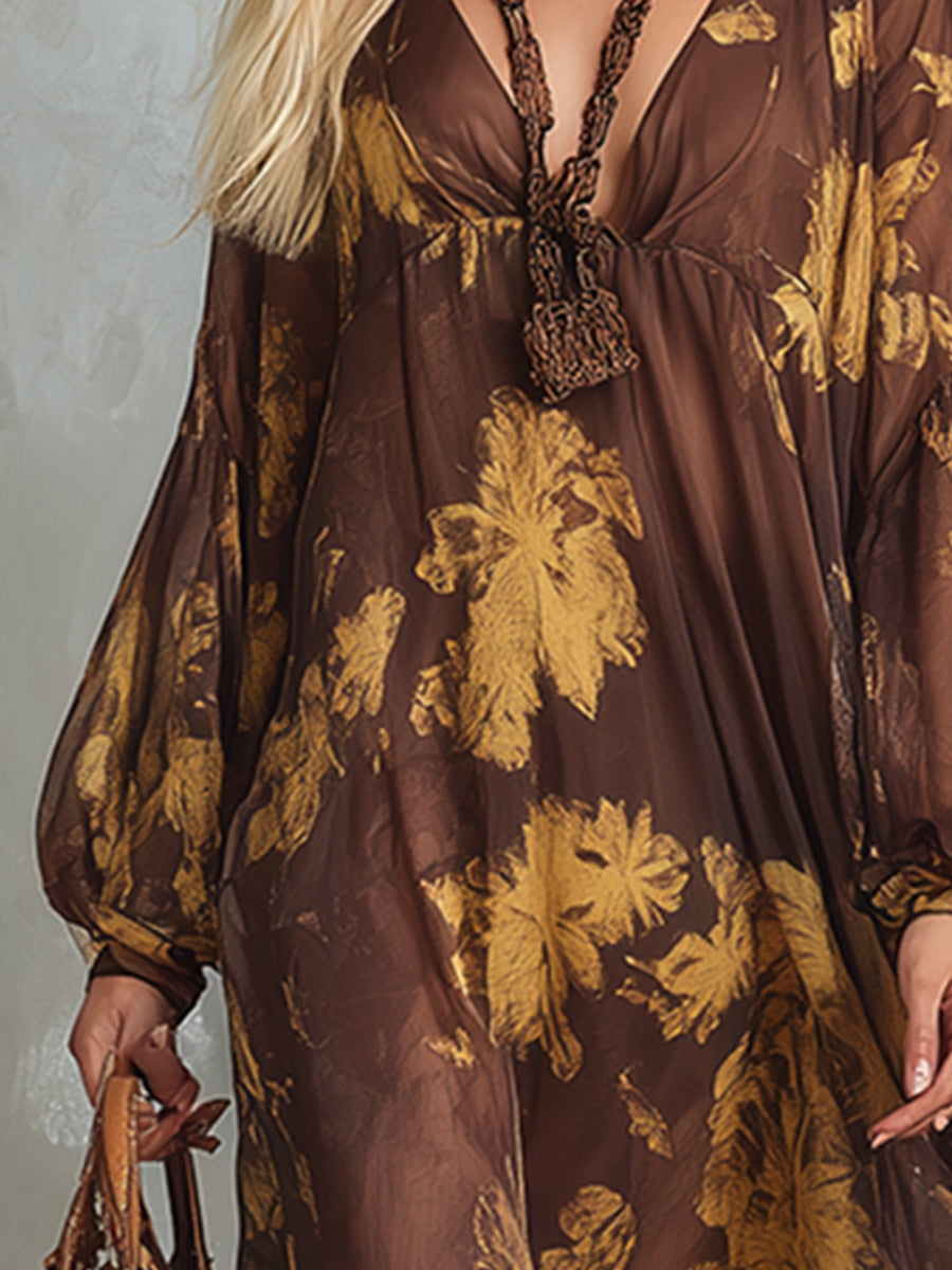 Elegant And Romantic Brown Chiffon Printed Long-sleeved Maxi Dress