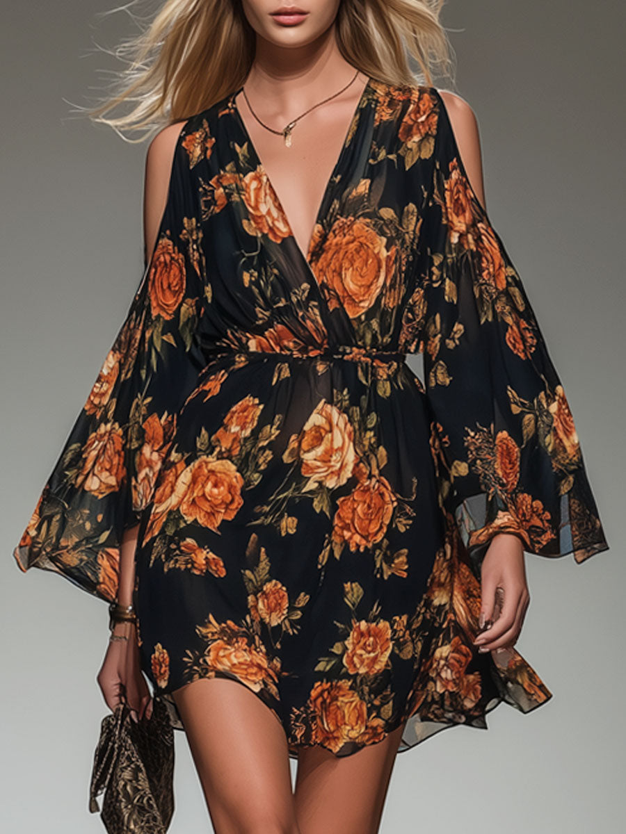 Floral Print V-neck Off-the-shoulder Chiffon Long-sleeved Mini Dress