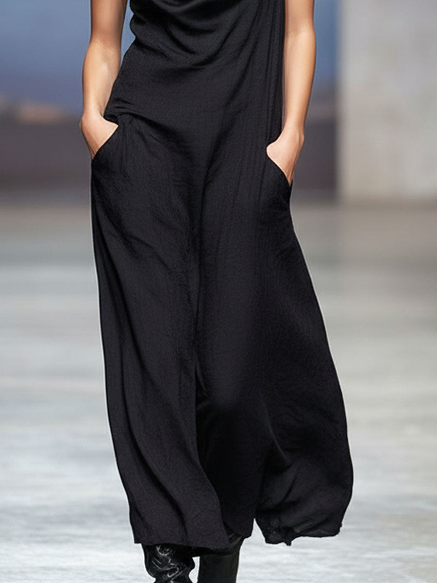 Black V-neck Double-pocket Cotton And Linen Blend Sleeveless Maxi Dress
