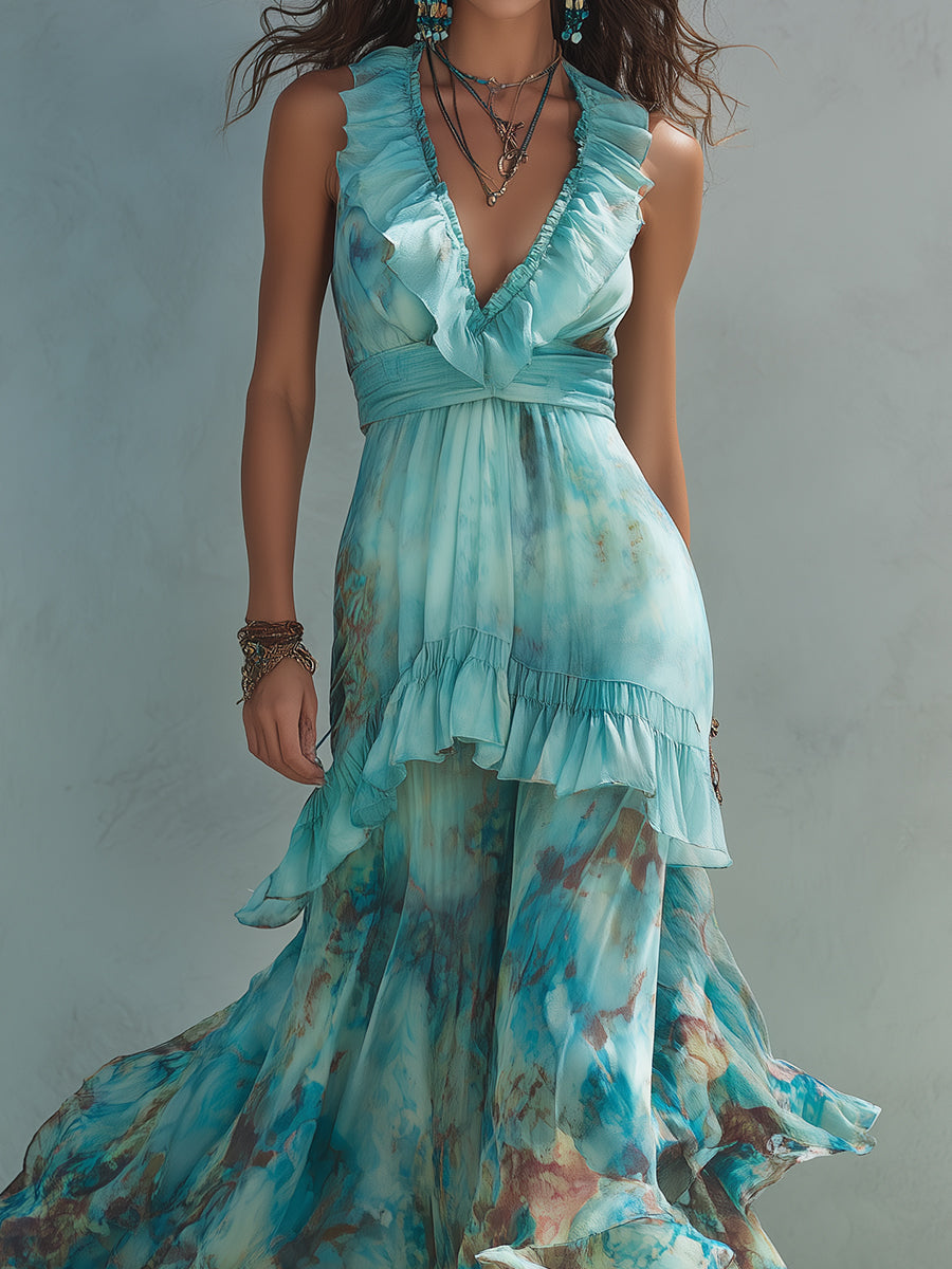 Bohemian Printed Chiffon Maxi Dress With Ruffles
