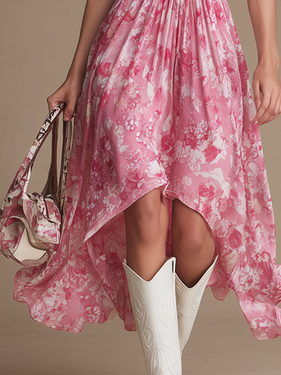 Fashionable Vacation Halter Neck Pink Floral Chiffon Hollow Midi Dress