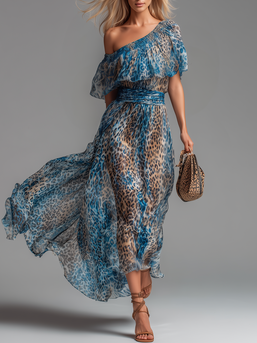 Stylish And Elegant Off-the-shoulder Short-sleeved Leopard Print Chiffon Maxi Dress