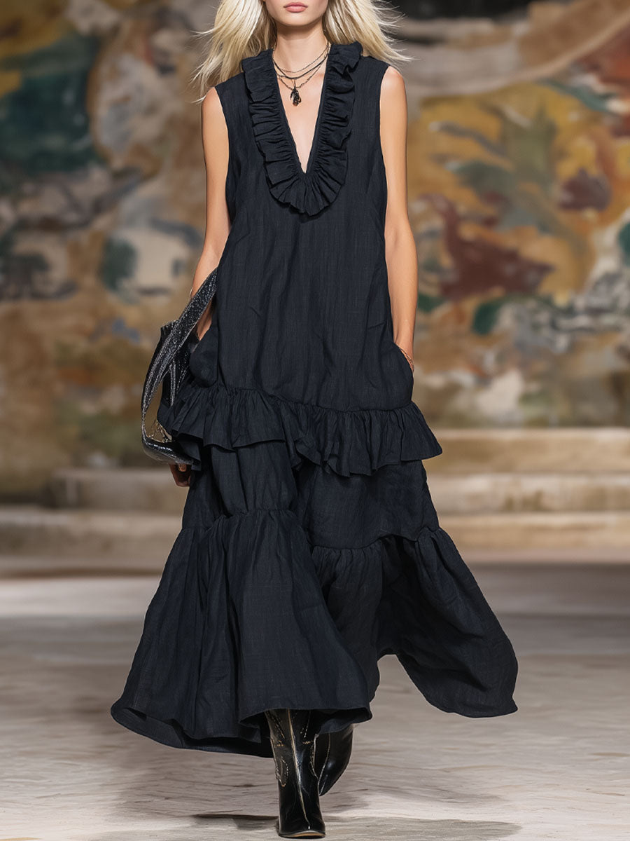 V-neck Ruffled Double-pocket Cotton-linen Sleeveless Maxi Dress