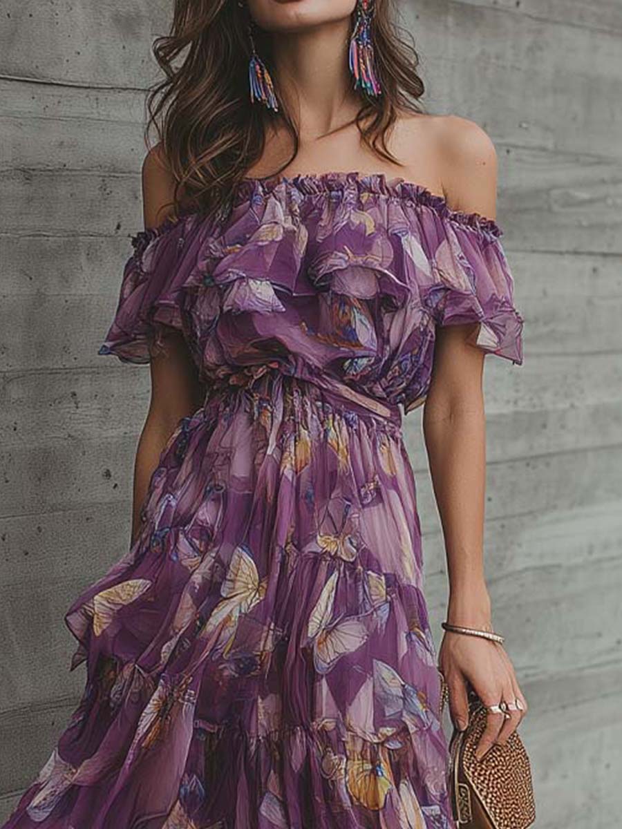 Romantic Boho Off-Shoulder Butterfly Print Maxi Dress