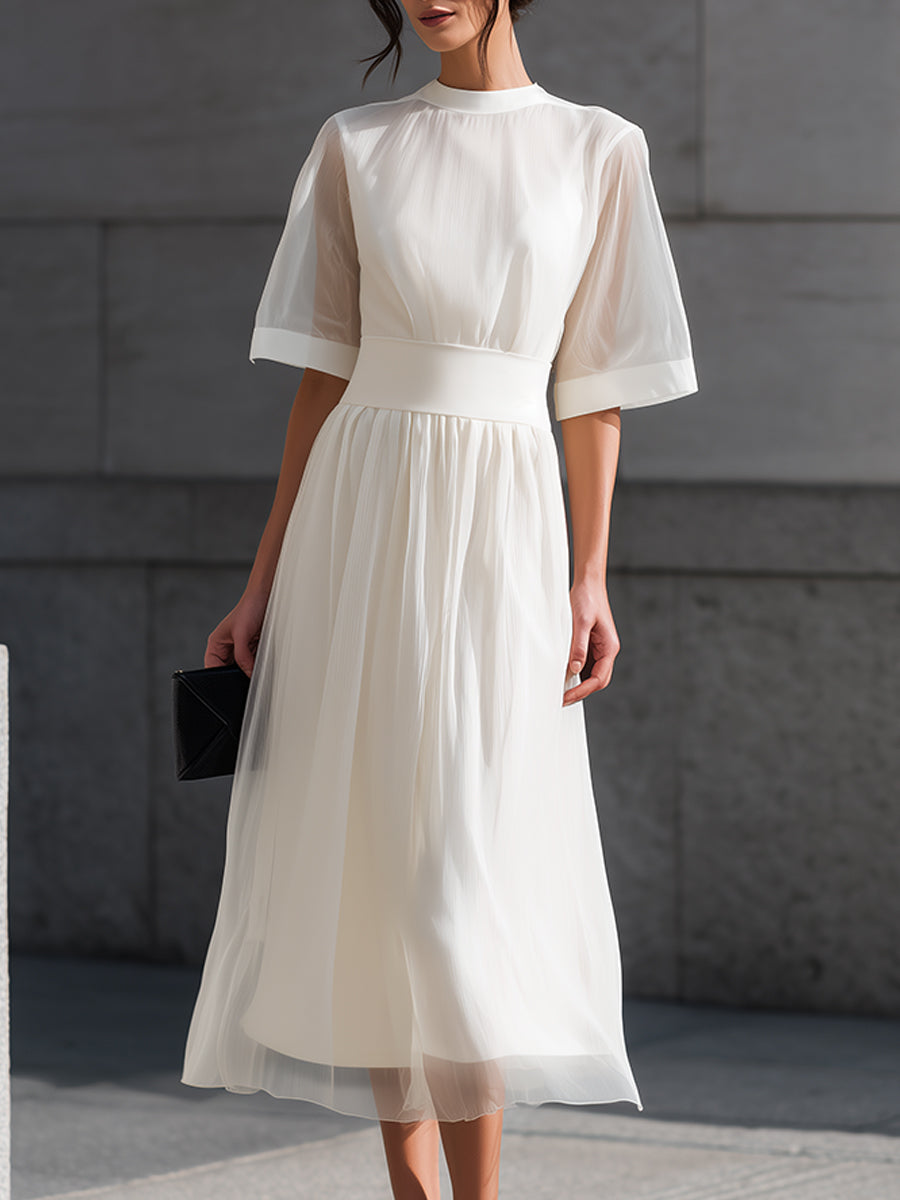Sheer Sleeve Waist-Defined Midi Dress
