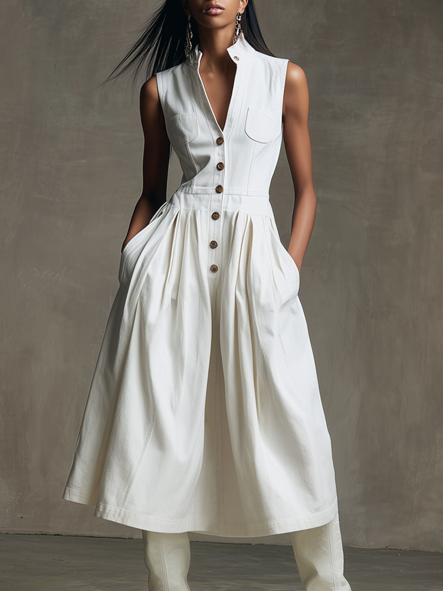 Casual Retro White Denim Sleeveless A-line Midi Dress