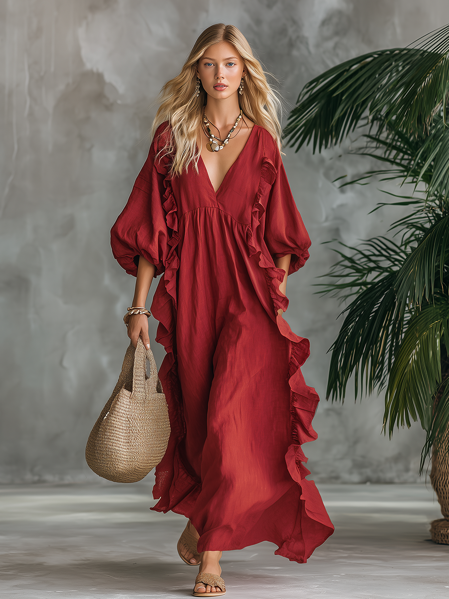 Elegant Retro Vacation V-neck Ruffled Cotton And Linen Maxi Dress
