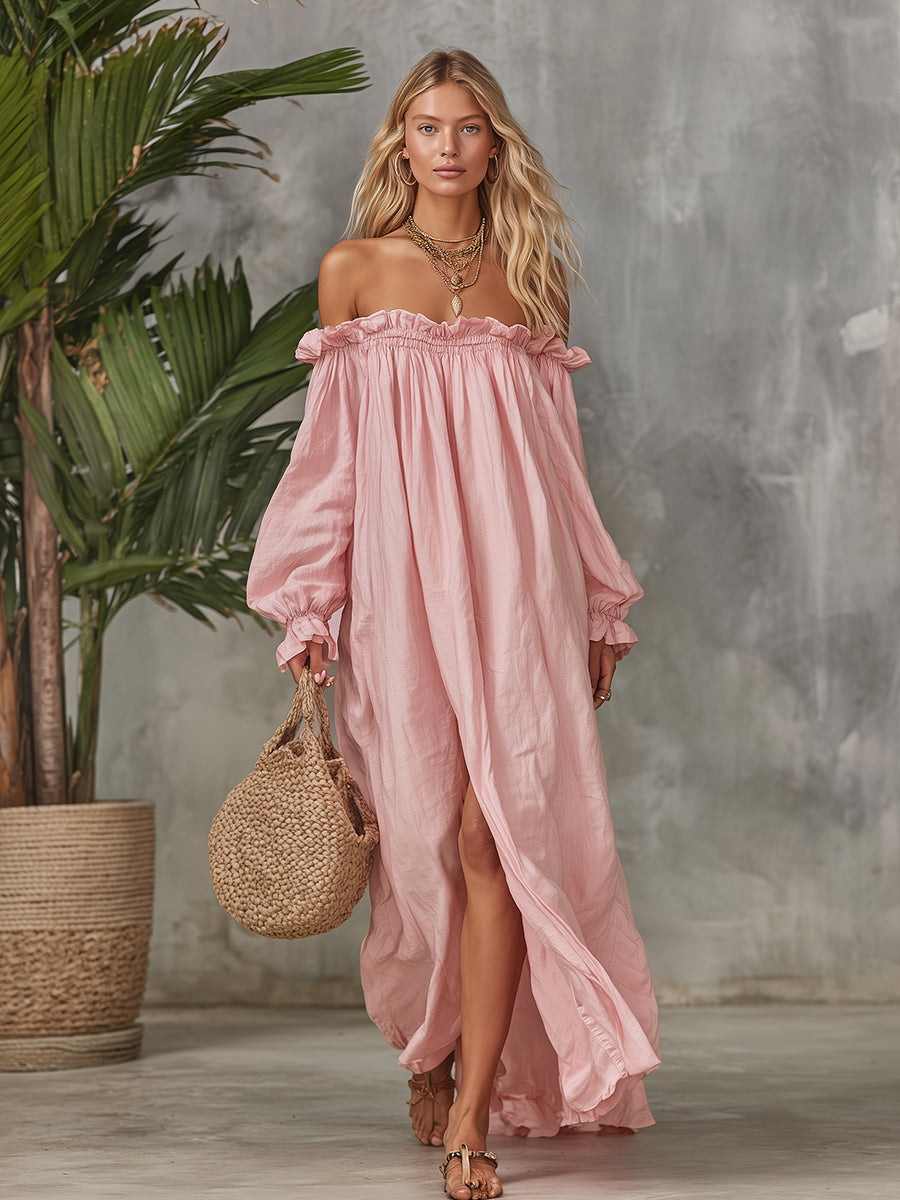 Elegant Vacation Off-the-shoulder Long Sleeve Side Slit Cotton And Linen Maxi Dress
