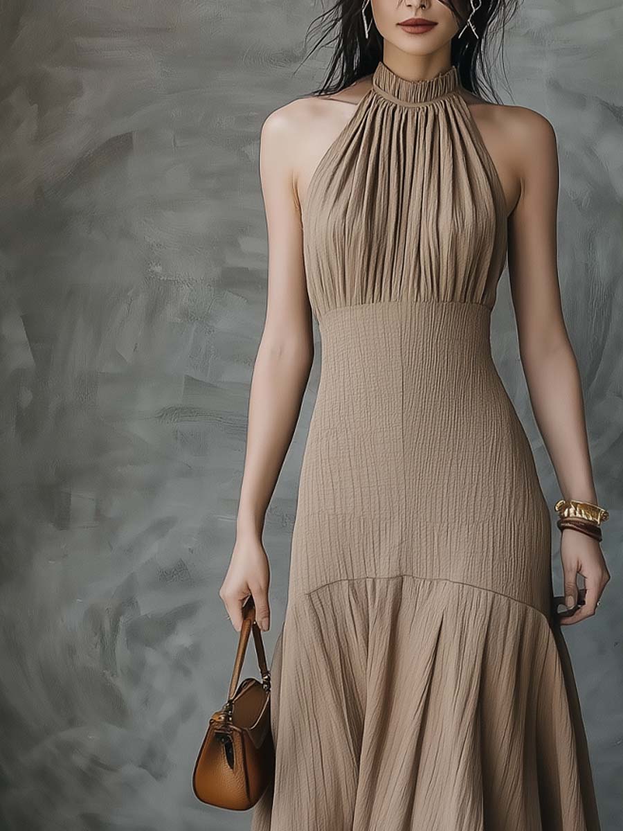 Retro Halter-neck Flare Hem Midi Dress
