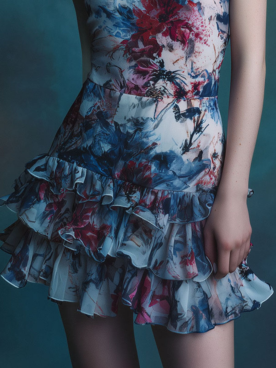 High Neck Abstract Floral Halter Mini Dress With Ruffled Layered Hem