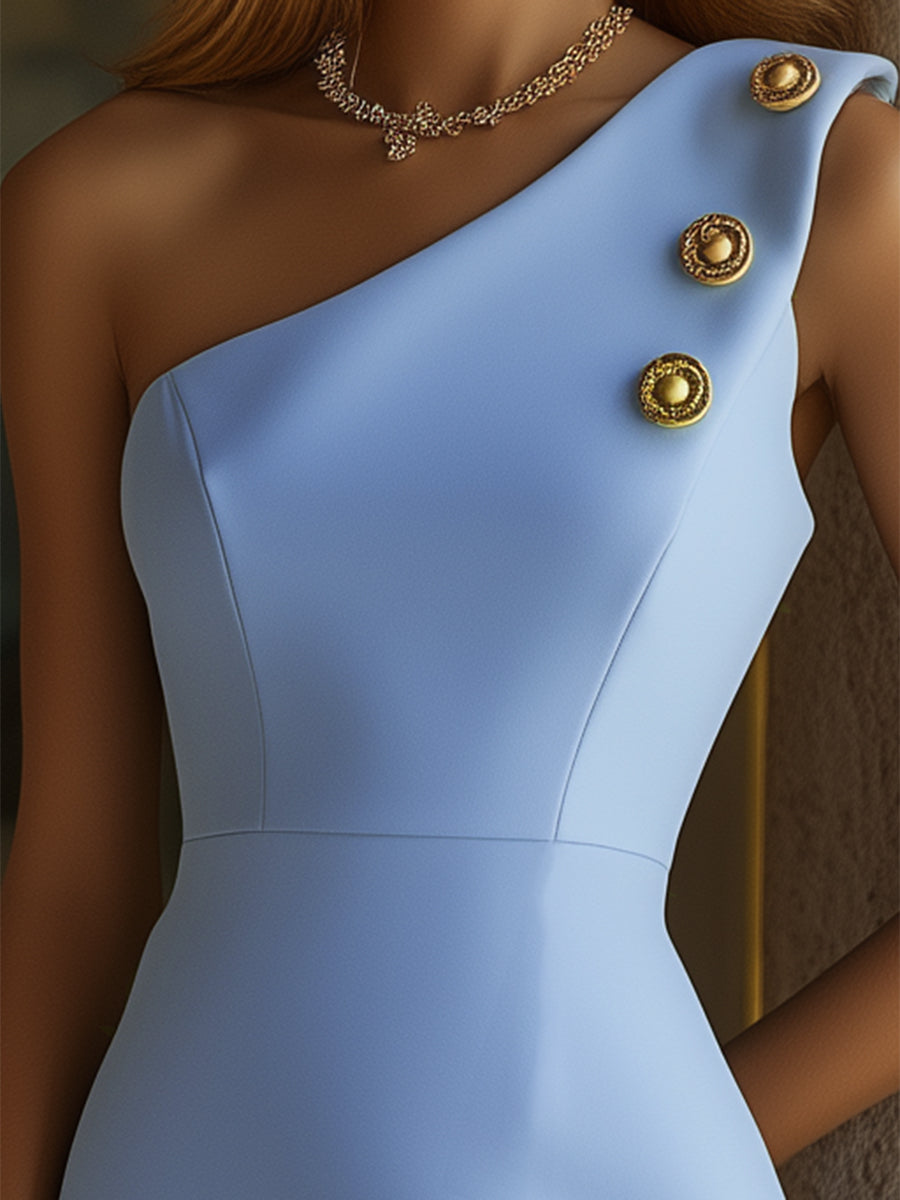 ¡¾24-hour shipping out¡¿Women's Blue Off-shoulder Hip-wrapped Dress With Gold Buttons