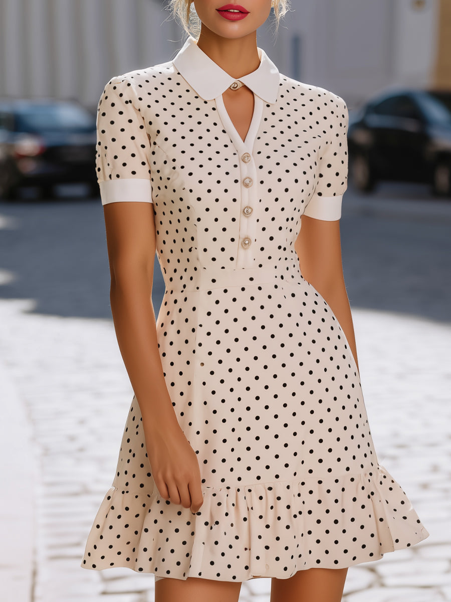 Polka Dot Collared Button-Front Ruffle Hem Dress