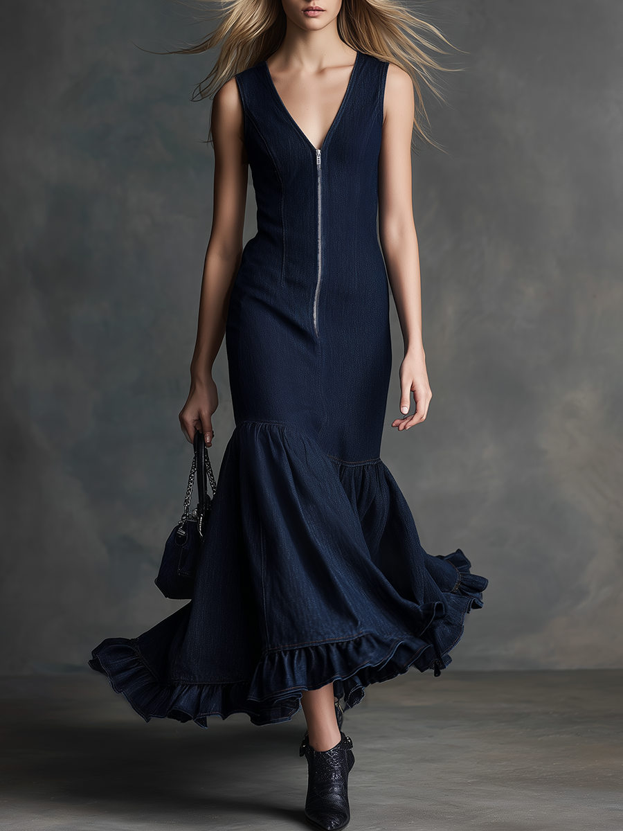 Elegant And Stylish Sleeveless Zipper Fishtail Ruffle Maxi Dress