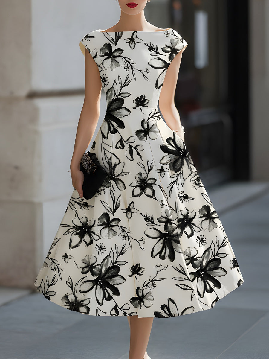 Floral Ink Print Cap Sleeve Midi Dress