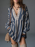 Retro Striped Loose Short Dress With Lace Trim