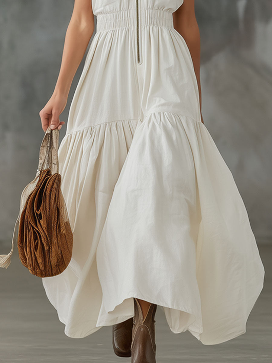 Stand-collar Double-pocket Elastic-waist Cotton-linen Sleeveless Maxi Dress