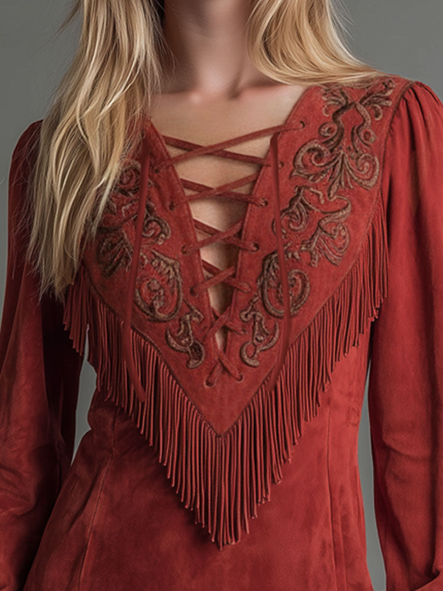 Western-style Tie-up Design Embroidered Fringed Faux Suede Long-sleeved Mini Dress