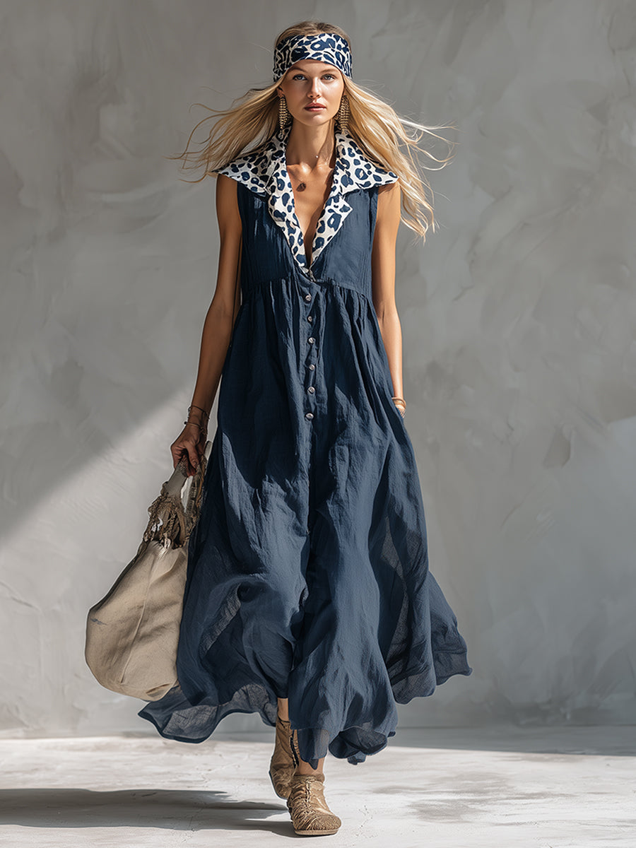 Modern Urban Style Leopard Print Collar Navy Blue Cotton And Linen Sleeveless Maxi Dress