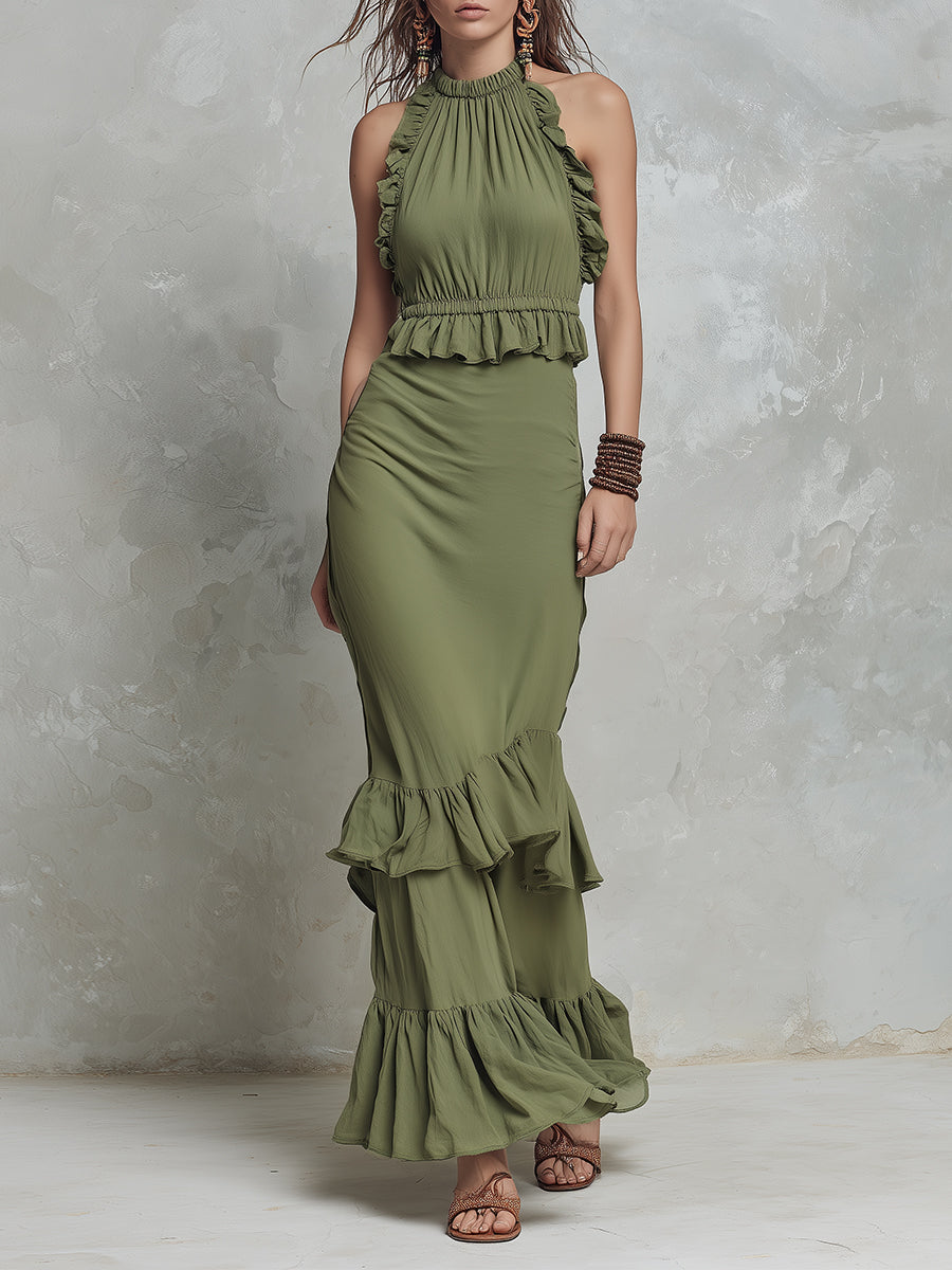 Bohemian Sleeveless Maxi Dress With Ruffle Details