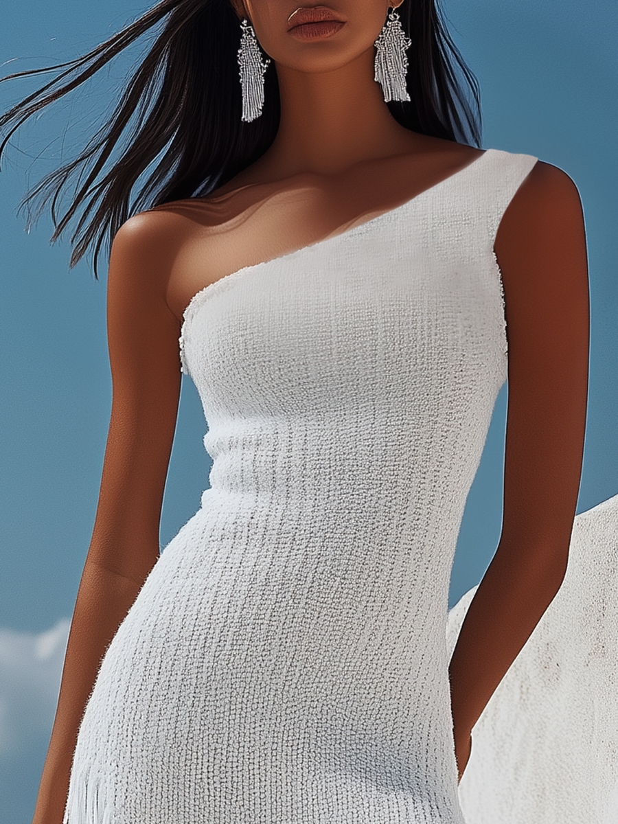 ¡¾24-hour shipping out¡¿Elegant And Fresh One Shoulder Tassel Knitted Midi Dress
