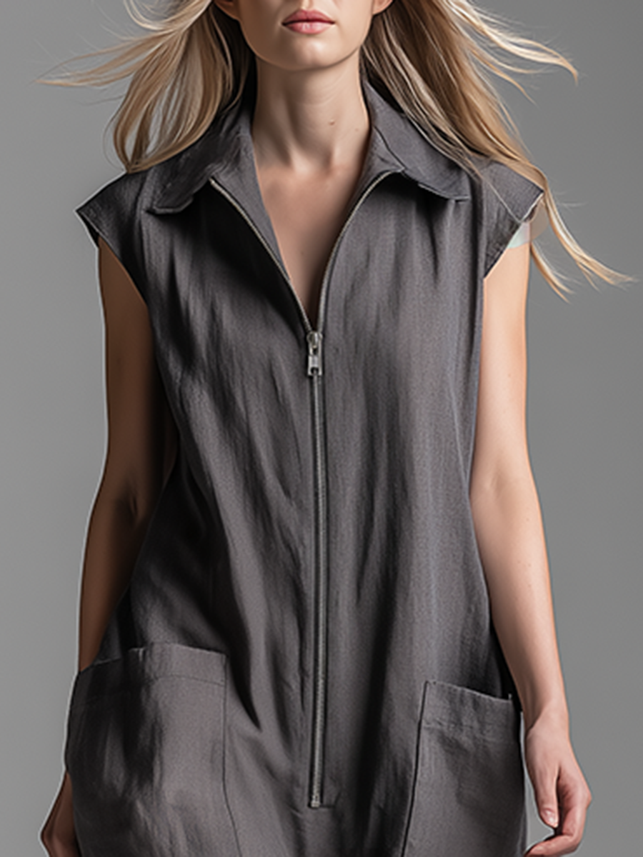Casual Relaxed Loose-fitting Collared Zipper Sleeveless Midi Dress