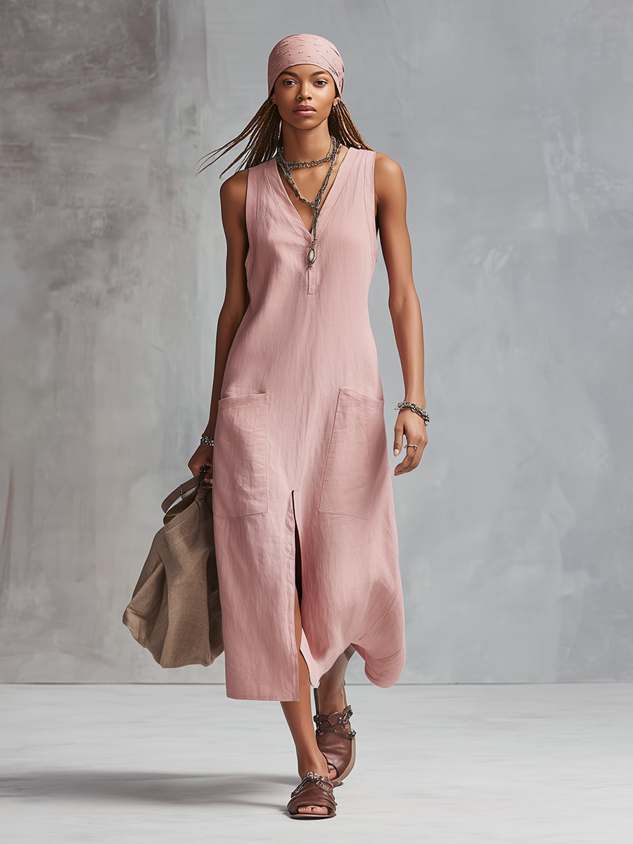 Classic Minimalist V-neck Pink Cotton And Linen Sleeveless Midi Dress