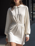 White Drawstring Hooded Sweatshirt Dress