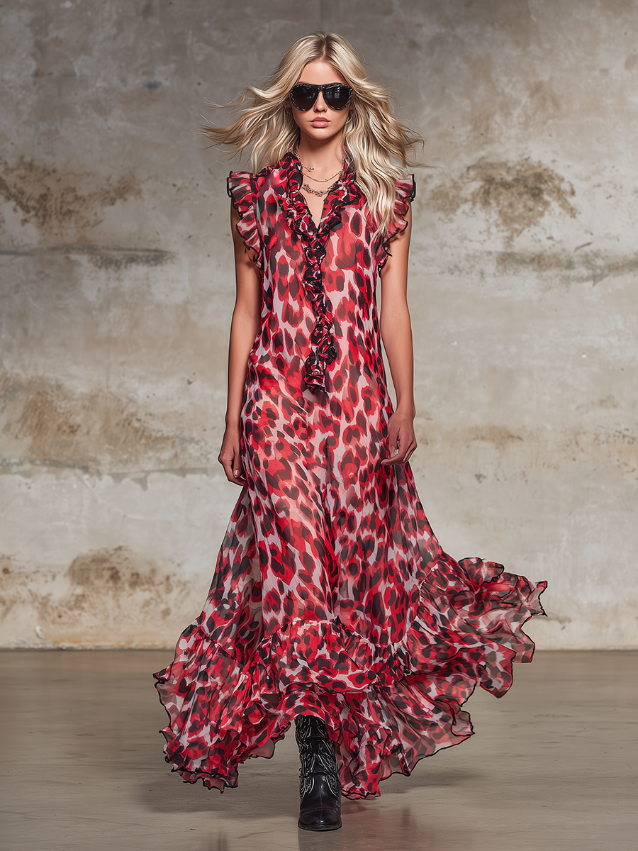 Loose-fitting Western-style Leopard Print Sleeveless Chiffon Maxi Dress