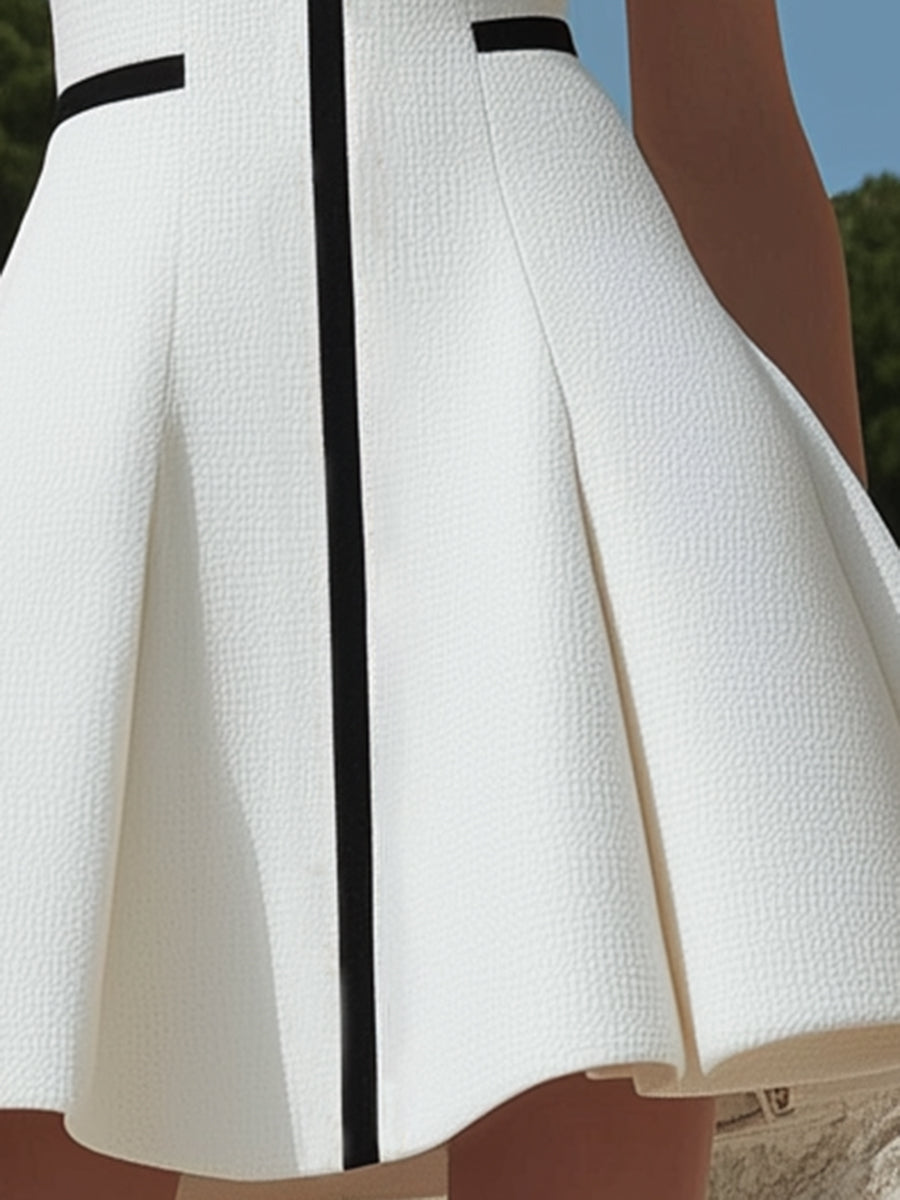 ¡¾24-hour shipping out¡¿Women's White Zipper Design With Black Trim Dress