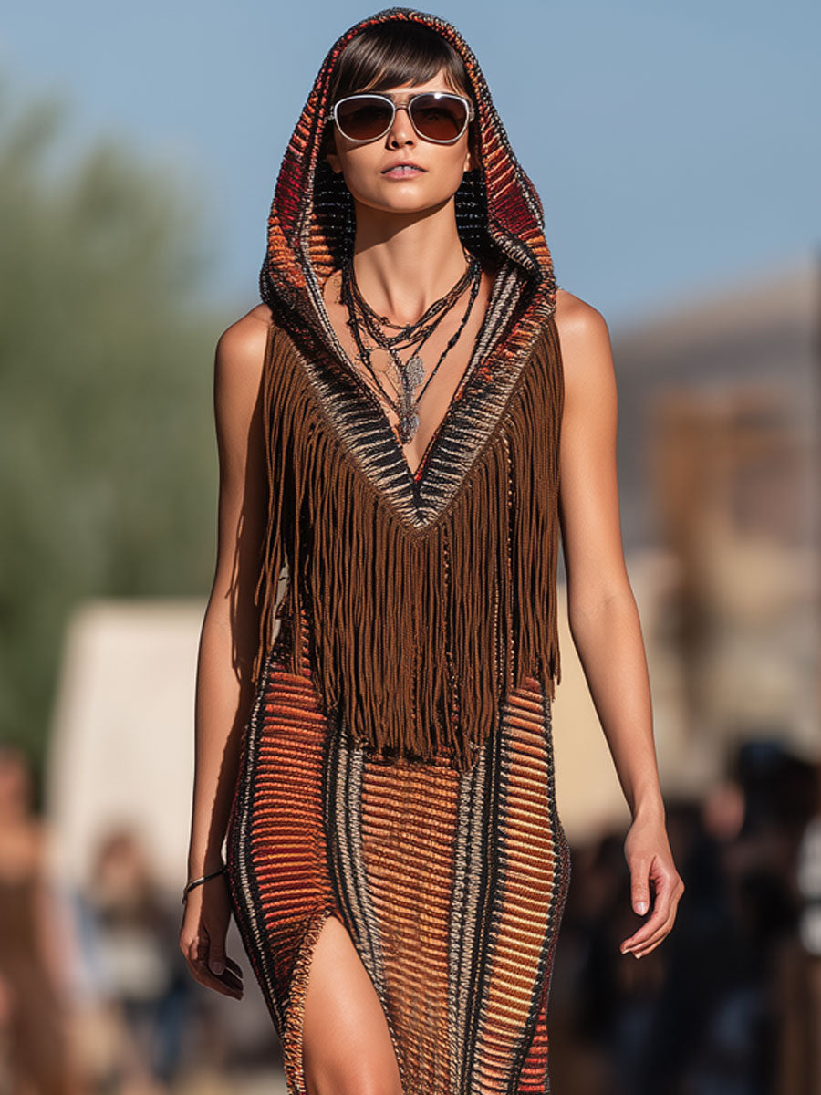 ¡¾24-hour shipping out¡¿Western Retro Colorful Striped Knitted Tassel Hooded Slit Maxi Dress