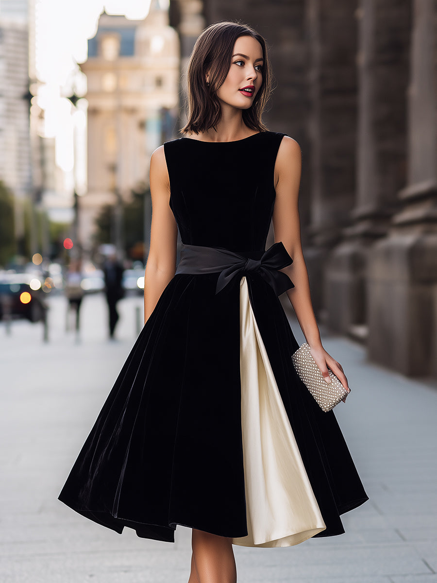 Sleeveless Fit-and-Flare Midi Dress With Contrast Panel And Waist Bow