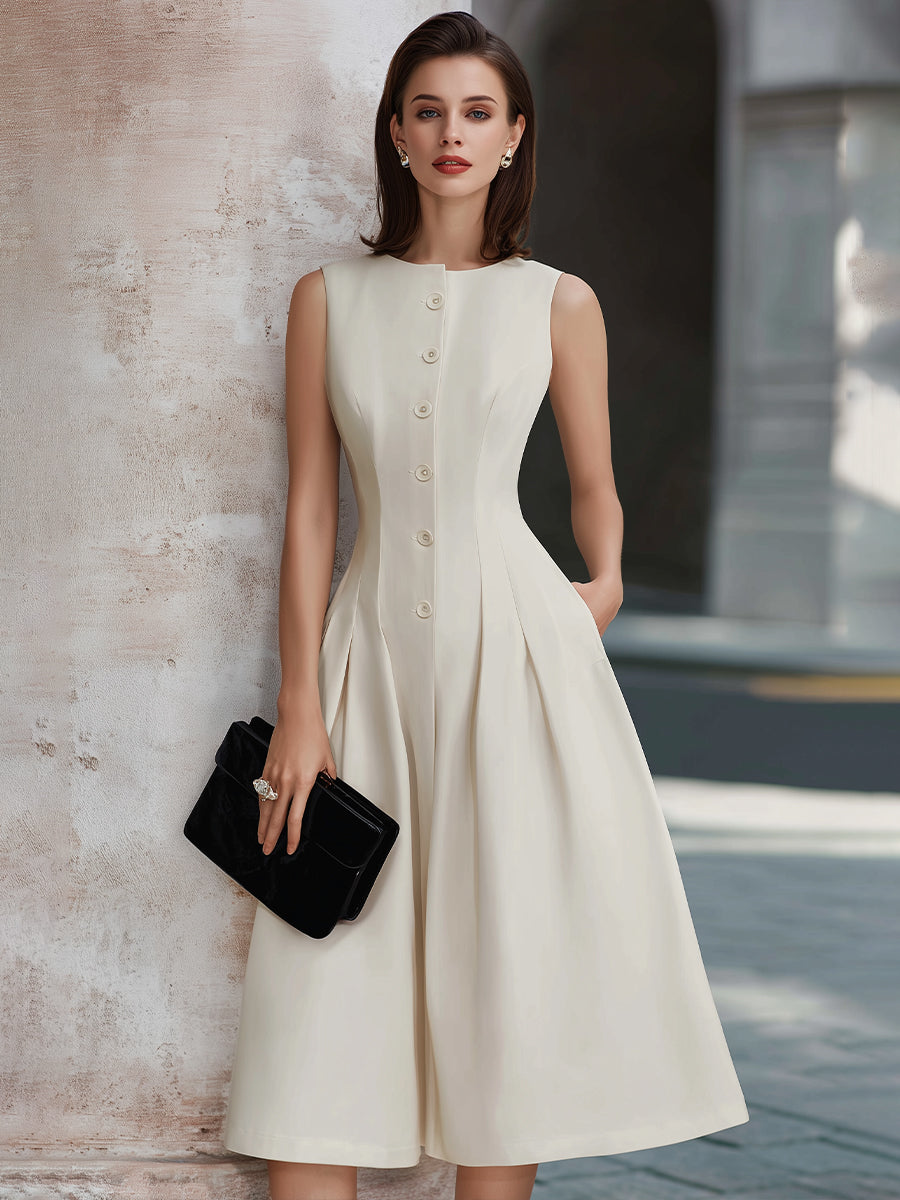 Sleeveless Button-Front Fit And Flare Midi Dress