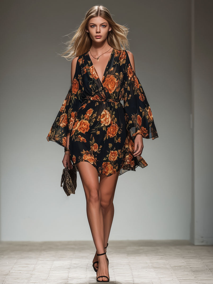 Floral Print V-neck Off-the-shoulder Chiffon Long-sleeved Mini Dress