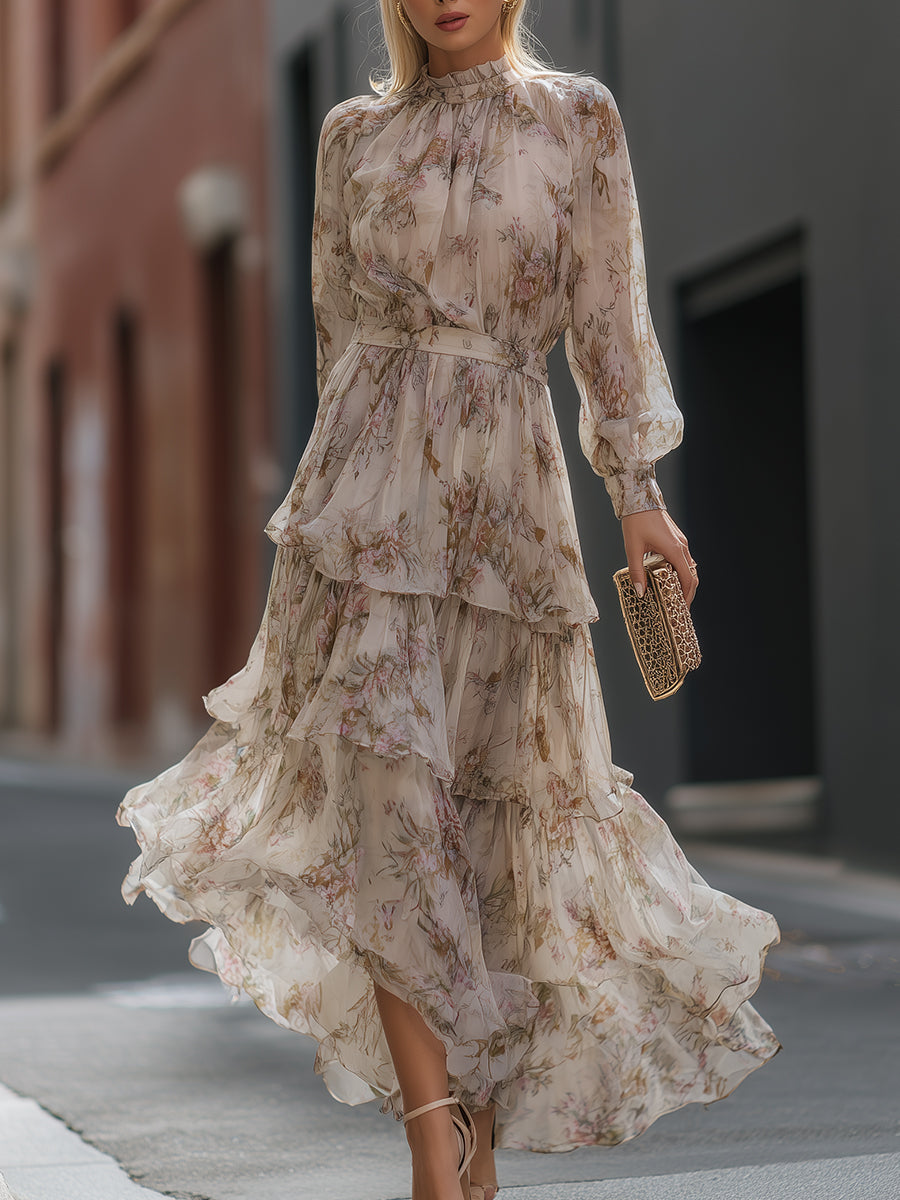 High Neck Tiered Floral Maxi Dress