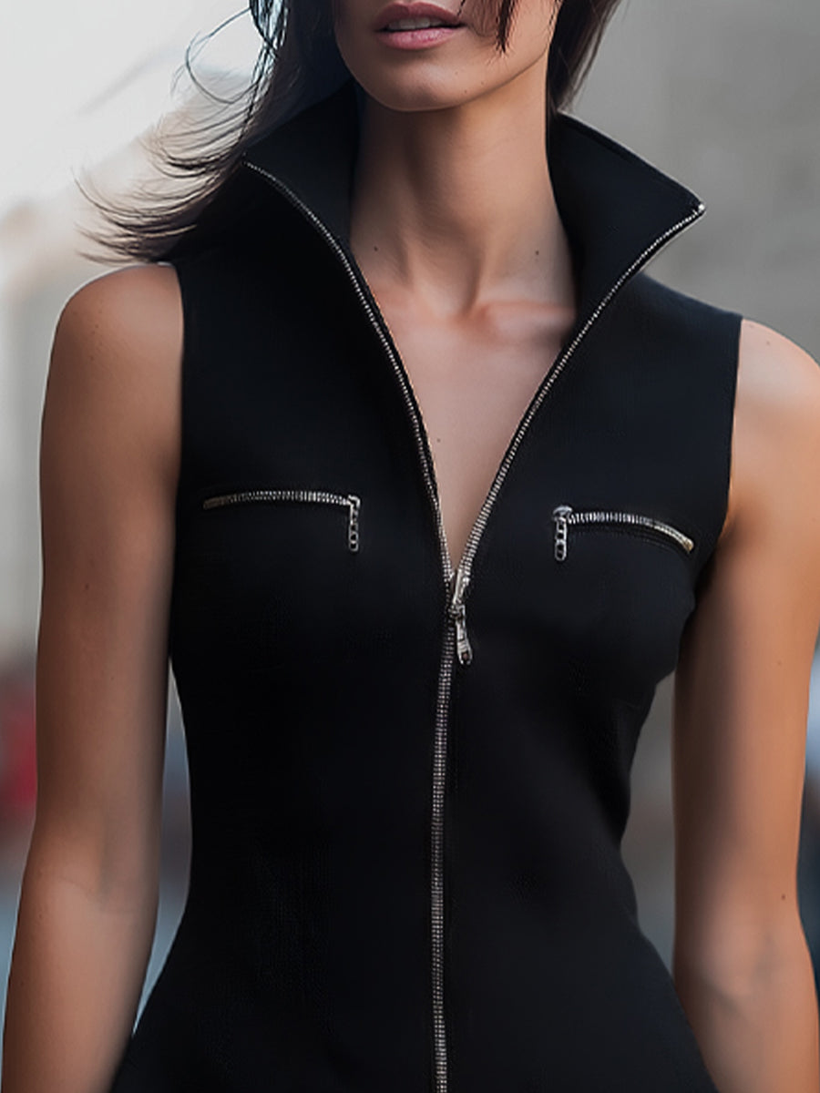 Sculpted Sleeveless Moto Vest-Dress With High Funnel Neck